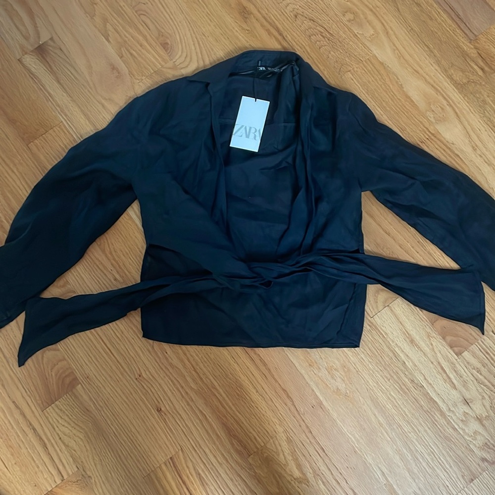 Zara Black Wrap-Front Long Sleeve Blouse with Self-Tie
